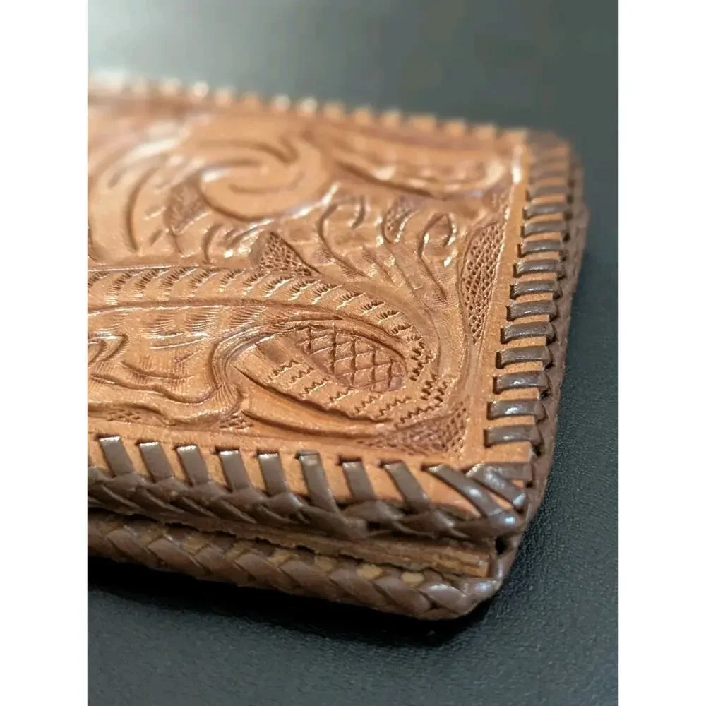 Vintage Handmade Tooled Brown Leather Wallet Western Floral Billfold Mens